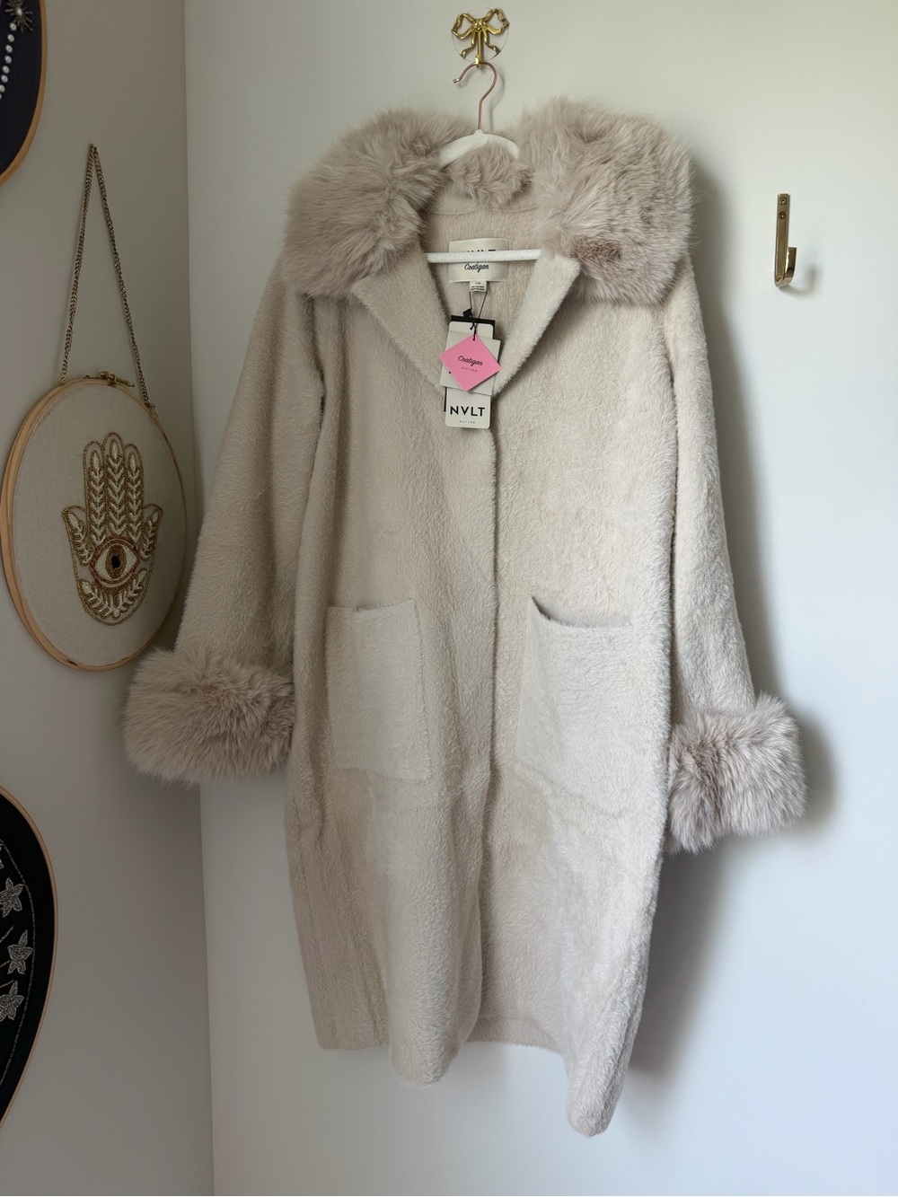 NVLT Cream beige Faux Fur Trim Trench Coat coatigan